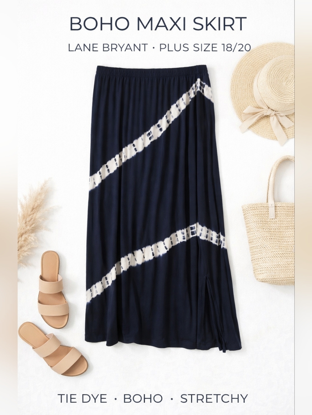 Lane Bryant Navy Tie Dye Maxi Skirt 18/20 Plus Size Boho Stretch Slit